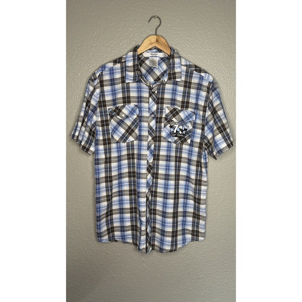 Walt DISNEY World RESORT  Pearl Snap Mickey Mouse Surf Mens Shirt Blue Plaid L